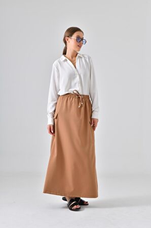 Kamel Beli Lastikli Cep Detaylı Etek