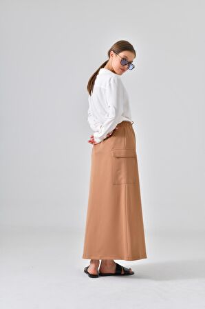 Kamel Beli Lastikli Cep Detaylı Etek