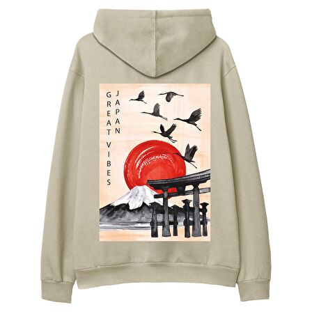 Japan Sırt Baskılı Hoodie-Krem