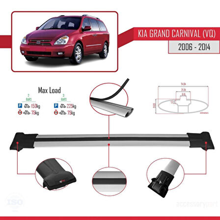 Kia Grand Carnival 2 (VQ) 2006-2014 Arası ile Uyumlu FLY Model Ara Atkı Tavan Barı Gri 2 Adet