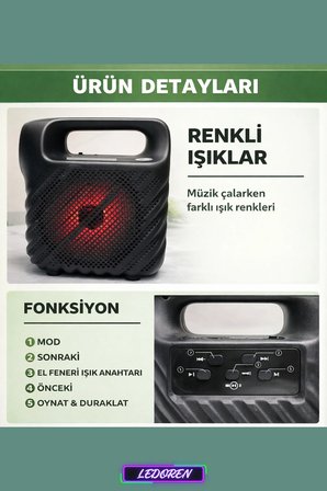 GTS-1525 RGB Işıklı 4 inç Taşınabilir Bluetooth Hoparlör FM Radyo Parti Hoparlörü Acil Durum Feneri