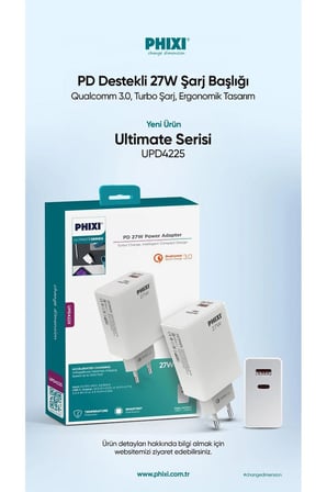 Ultimate UPD4225 27W PD Çift Çıkışlı Hızlı Şarj Adaptörü PHİXİ HIZLI ŞARJ BAŞLIK ADAPTÖR