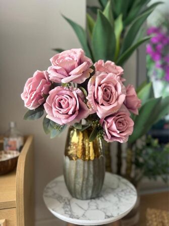 Yapay Çiçek 7li Gül Demeti 40*30cm 1.Kalite Büyükboy GÜLKURUSU PEMBE