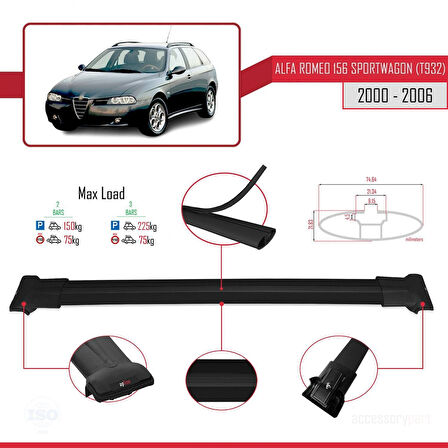 Alfa Romeo 156 (T932) SW 2000-2006 Arası ile Uyumlu FLY Model Ara Atkı Tavan Barı Siyah 2 Adet