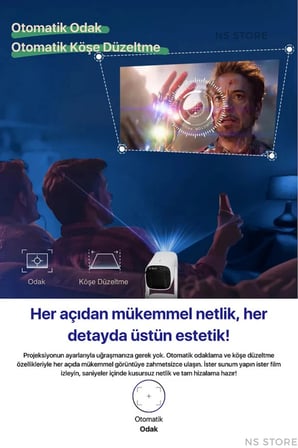 Taşınabilir LED Projeksiyon Cihazı, 1080P Çözünürlük ve 4K Destekli, Kablosuz Bağlantı Özellikli