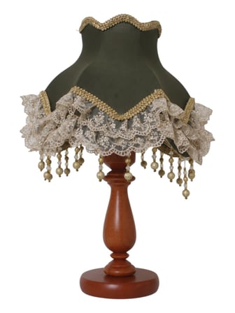 Haki Kumaş Başlık Dantel Süsleme Doğal Ahşap Kahve Ayak Klasik Model Abajur Otantik 45X25cm