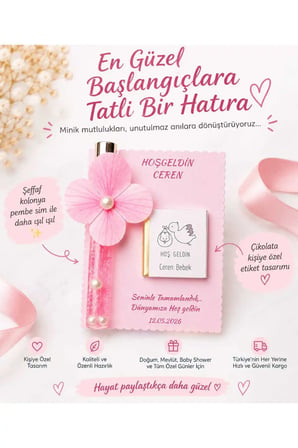 Hoş Geldin Bebek Hediyeliği Kişiye Özel Doğum Hediyeliği Mevlüt Hediyeliği Bebek Mevlüdü Çikolatalı Hediyelik Simli Kolonya Baby Shower Hediyeliği 10 ADET
