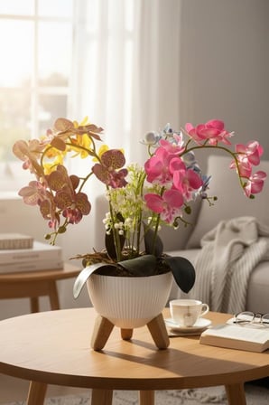 Yapay Çiçek Renkli Orkide Salon Çiçeği Zigon Saksıda Yapay Bitki 45*45cm