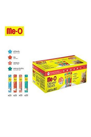 Me-O Creamy Happy Time 15 Gr 100 lü (25 Tavuklu   25 Somonlu   25 yengeç   25 Ton Balıklı )