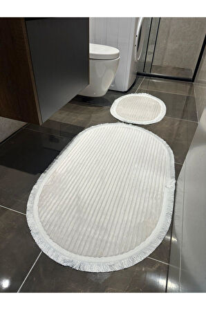 Yumuşak Makinede Yıkanabilir Leke Tutmaz Beyaz Oval Peluş Banyo Paspası