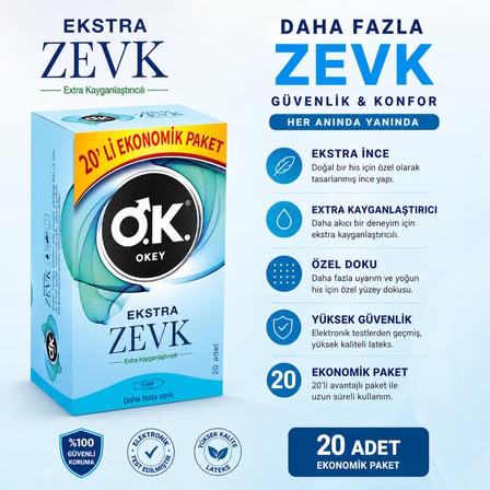 Okey Ekstra Zevk Prezervatif 60 Adet Ultra İnce Kayganlaştırıcılı 52 mm