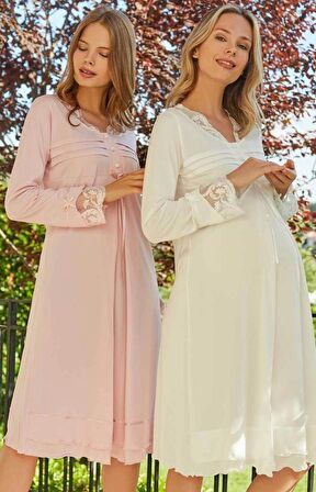 Bone Club 5129 Ecru Nervürlü Hamile Lohusa Geceliği