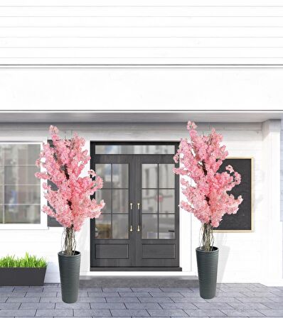 Yapay Ağaç Pembe Sakura Bahardalı Ağacı Siyah Uzun Kumsal Vazoda 200cm