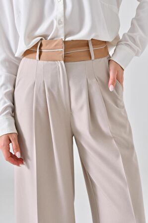 Taş Yüksek Bel Çift Pili ve Kemer Detaylı Geniş Paça P