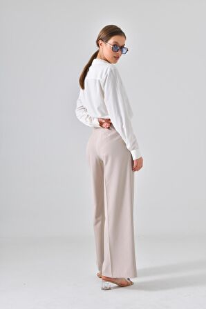 Taş Yüksek Bel Çift Pili ve Kemer Detaylı Geniş Paça P