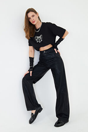 Taş Fiyonk İşlemeli %100 Pamuk Kadın Siyah Oversize Tişört