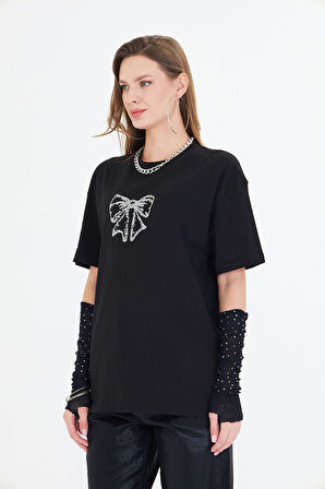 Taş Fiyonk İşlemeli %100 Pamuk Kadın Siyah Oversize Tişört