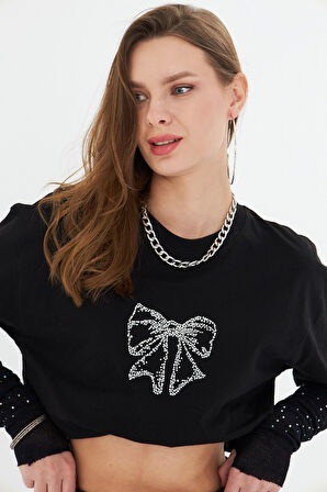 Taş Fiyonk İşlemeli %100 Pamuk Kadın Siyah Oversize Tişört