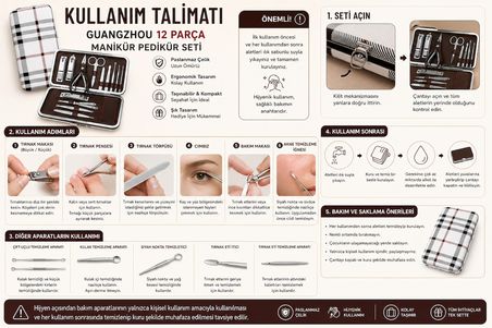 GUANGZHOU 12 Parça Özel Açma/Kapama Kilit Aparatlı Çantalı Seyahat Tipi Manikür Pedikür Seti – El ve Ayak Bakım Seti | Tırnak Makası, Cımbız, Törpü, Pense ve Akne İğnesi MODEL A4