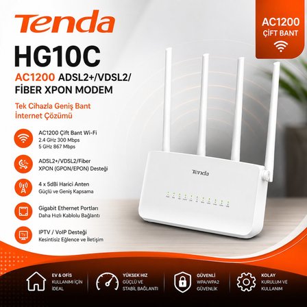 TENDA HG10C AC1200 ADSL2+/VDSL2/FİBER XPON MODEM