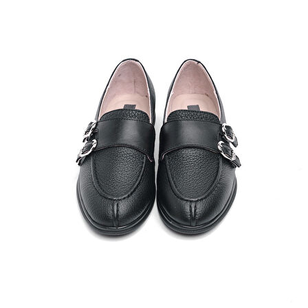 Casual Hakiki Deri Çift Tokalı Kadın Ayakkabı 