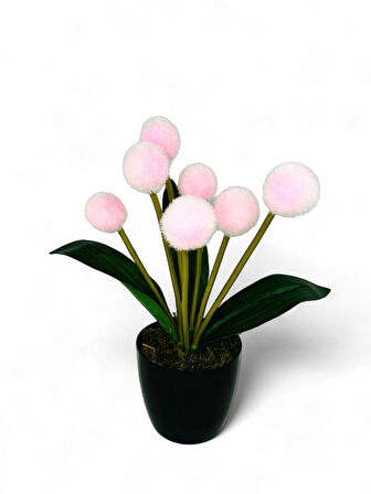 Yapay Çiçek Pembe Pompon Siyah Saksıda Dekoratif Yapay Çiçek 30*20cm