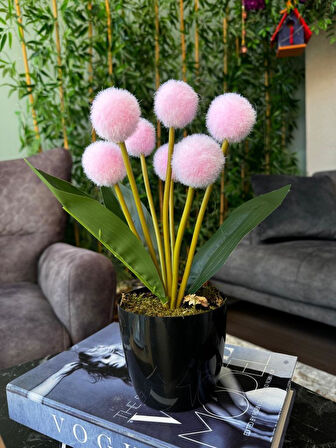 Yapay Çiçek Pembe Pompon Siyah Saksıda Dekoratif Yapay Çiçek 30*20cm