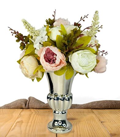Yapay Çiçek Aranjmanı Pembe Beyaz Krem Rengi Gümüş Cam Vazoda Nişan Çiçeği İsteme Çiçeği