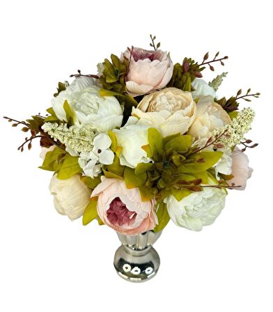 Yapay Çiçek Aranjmanı Pembe Beyaz Krem Rengi Gümüş Cam Vazoda Nişan Çiçeği İsteme Çiçeği