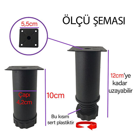 2 Adet Metal Ayarlanabilir 10 cm Siyah Destek Ayağı Mobilya Kanepe Baza Koltuk Dolap Sehpa TV Ünitesi Ayağı
