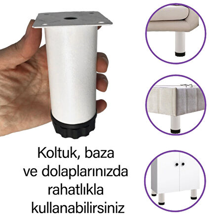 4 Adet Metal Ayarlanabilir 10 cm Beyaz Destek Ayağı Mobilya Kanepe Baza Koltuk Dolap Sehpa TV Ünitesi Ayağı