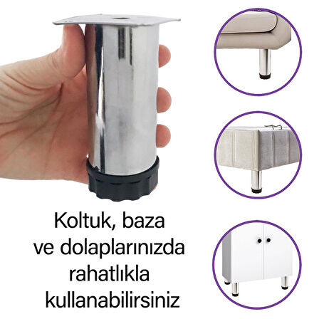 8 Adet Metal Ayarlanabilir 10 cm Krom Destek Ayağı Mobilya Kanepe Baza Koltuk Dolap Sehpa TV Ünitesi Ayağı