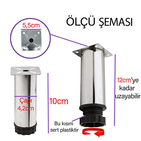 8 Adet Metal Ayarlanabilir 10 cm Krom Destek Ayağı Mobilya Kanepe Baza Koltuk Dolap Sehpa TV Ünitesi Ayağı