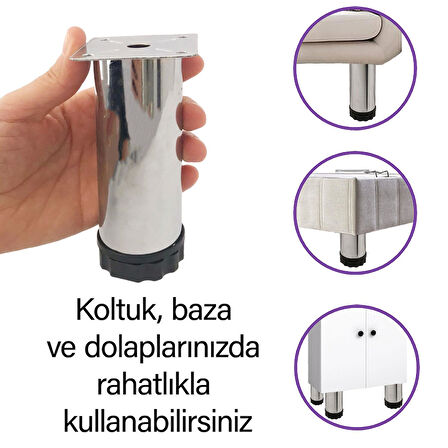 Metal Ayarlanabilir 12 cm Krom Destek Ayağı Mobilya Kanepe Baza Koltuk Dolap Sehpa TV Ünitesi Ayağı