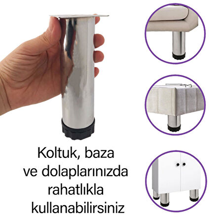 Metal Ayarlanabilir 15 cm Krom Destek Ayağı Mobilya Kanepe Baza Koltuk Dolap Sehpa TV Ünitesi Ayağı