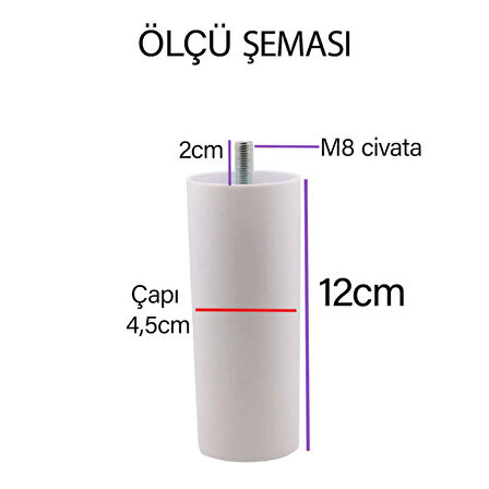Silindir Destek Ayağı 12 cm Beyaz Gizli Ayak M8 Civatalı İncediş Mobilya Kanepe Baza Koltuk