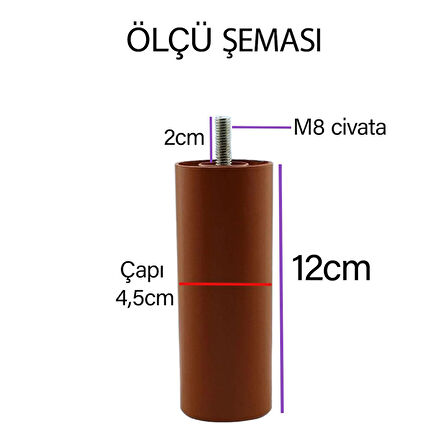 Silindir Destek Ayağı 12 cm Kahverengi Gizli Ayak M8 Civatalı İncediş Mobilya Kanepe Baza Koltuk Dolap