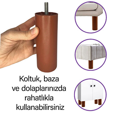 Silindir Destek Ayağı 14 Cm Kahverengi Gizli Mobilya Kanepe Baza Koltuk Ayakları Metrik 8 Civatalı İnce Diş