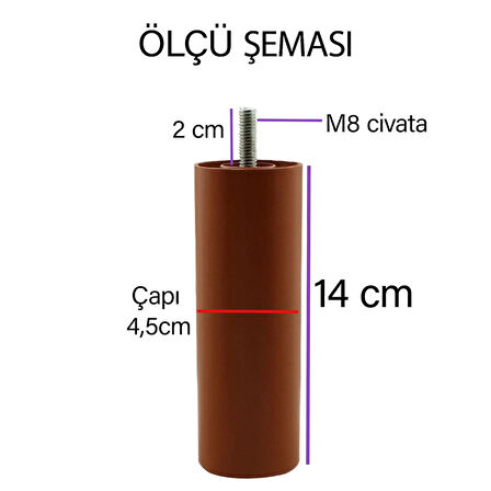 Silindir Destek Ayağı 14 Cm Kahverengi Gizli Mobilya Kanepe Baza Koltuk Ayakları Metrik 8 Civatalı İnce Diş