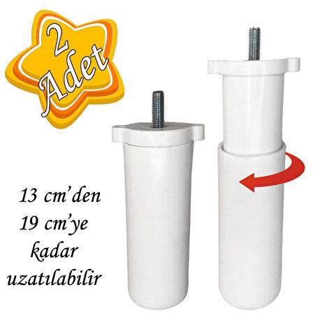 2 Adet Ayarlı Destek Ayağı 13 X 19 Cm Beyaz Gizli Mobilya Kanepe Baza Koltuk Ayakları Metrik 8 Civatalı İnce Diş