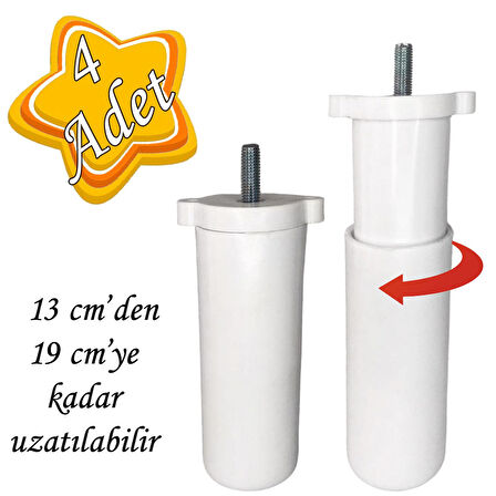 4 Adet Ayarlı Destek Ayağı 13 x 19 cm Beyaz Gizli Ayak M8 Civatalı İncediş Mobilya Kanepe Baza Koltuk