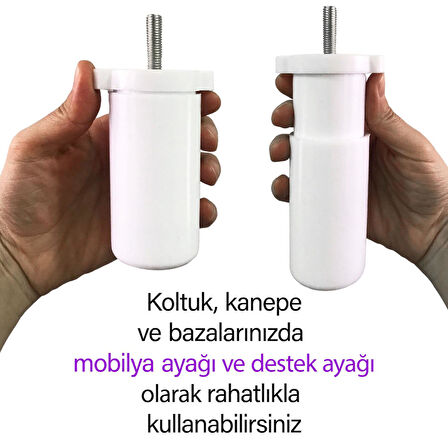 2 Adet Ayarlı Destek Ayağı 9.5 X 14.5 Cm Beyaz Gizli Mobilya Kanepe Baza Koltuk Ayakları Metrik 8 Civatalı İnce Diş