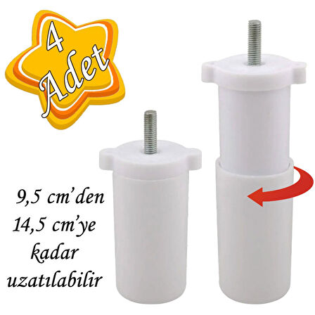4 Adet Ayarlı Destek Ayağı 9.5 x 14.5 cm Beyaz Gizli Ayak M8 Civatalı İncediş Mobilya Kanepe Baza Koltuk