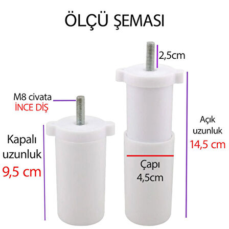 4 Adet Ayarlı Destek Ayağı 9.5 x 14.5 cm Beyaz Gizli Ayak M8 Civatalı İncediş Mobilya Kanepe Baza Koltuk