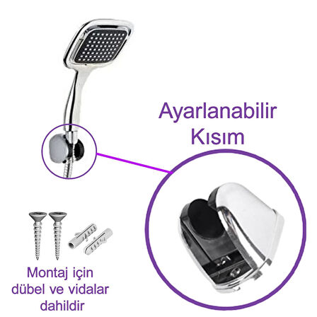 Duş Seti Banyo Duş Başlığı Seti Fiskiyesi Telefonu Kare Başlık Metal Hortum Siyah 3'lü Set