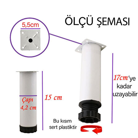 4 Adet Metal Ayarlanabilir 15 cm Beyaz Destek Ayağı Mobilya Kanepe Baza Koltuk Dolap Sehpa TV Ünitesi Ayağı