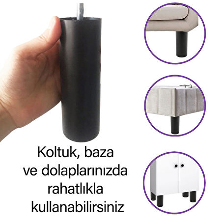 Destek Ayağı 15 cm Siyah + Metal Düz Ayak Tabanı M8 Civatalı İnce Diş Mobilya Kanepe Baza Koltuk Seti