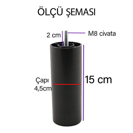 Destek Ayağı 15 cm Siyah + Metal Düz Ayak Tabanı M8 Civatalı İnce Diş Mobilya Kanepe Baza Koltuk Seti