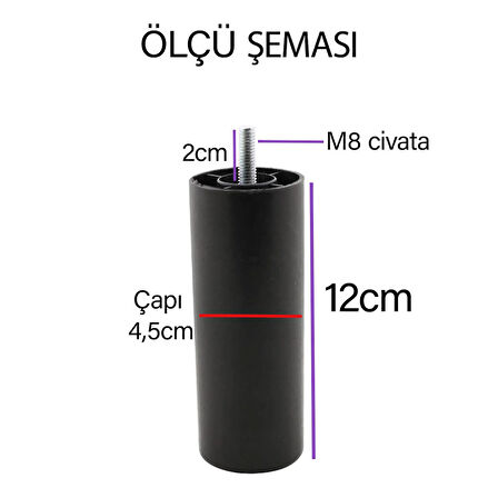 Destek Ayağı 12 cm Siyah + Metal Düz Ayak Tabanı M8 Civatalı İnce Diş Mobilya Kanepe Baza Koltuk Seti