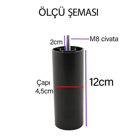 4 Adet Destek Ayağı 12 cm Siyah + 4 Adet Düz Ayak Tabanı M8 Civatalı İnce Diş Mobilya Baza Koltuk Seti